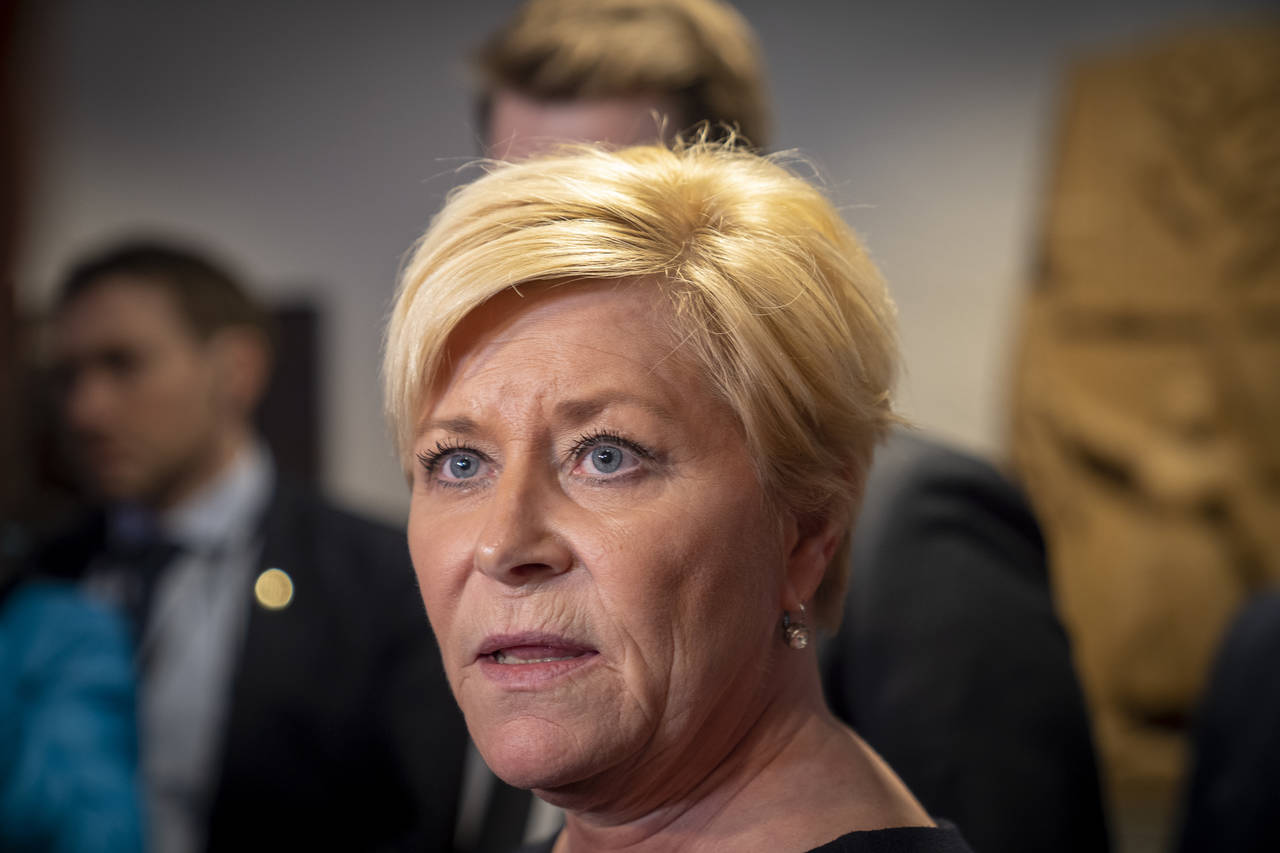 Frp-leder og finansminister Siv Jensen sa i sin tale til partiets landsstyremøte lørdag at hun har null sympati med den norske kvinnen som ønsker å komme hjem fra Syria sammen med sine to unge barn. Foto: Heiko Junge / NTB scanpix