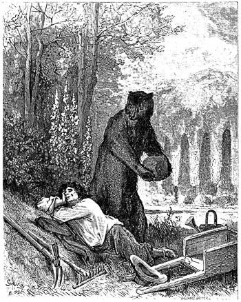Illustrasjon: Gustave Doré for Jean de La Fontaine's «L'Ours et l'amateur des jardins»