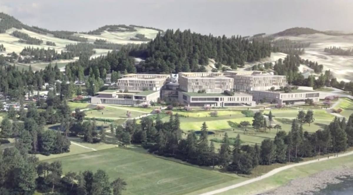 Illustrasjon fra Helse Nordmøre og Romsdals animasjonsvideo med det planlagte nye fellessykehuset på Hjelset i Molde.