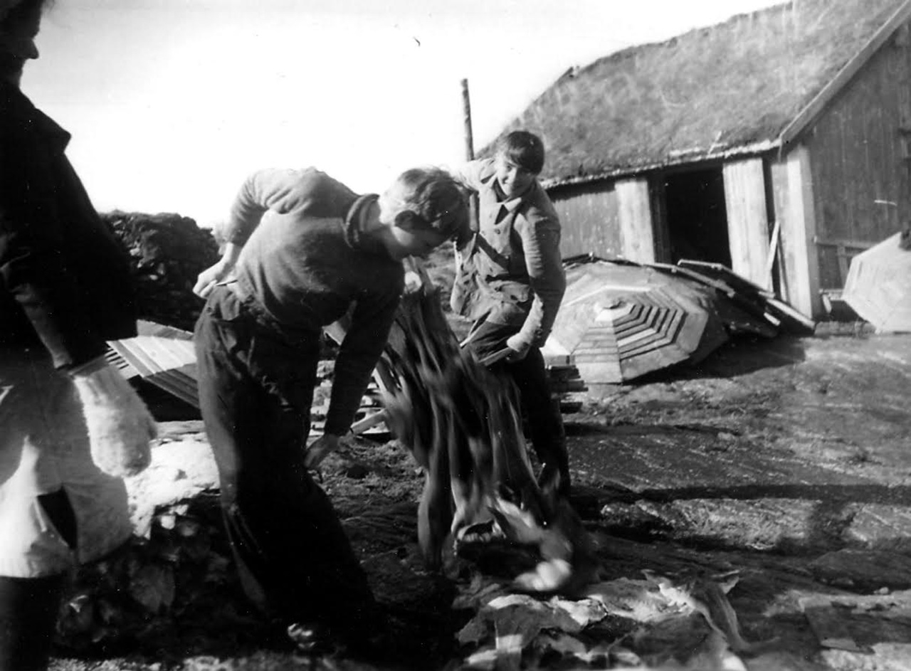 Gutter bærer saltfisk på bærer-båre. Foto: Nordmøre museums fotosamling