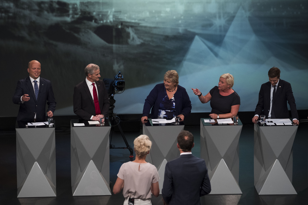 VALGETS KVAL: Partilederne kan vinne stemmer hvis de får snakke om konfliktlinjer som engasjerer velgerne. Her fra partilederdebatten i Arendal. FOTO: Tor Erik Schrøder / NTB scanpix