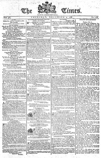 The Times. Forside fra 1788. By London Times (London Times) [Public domain], via Wikimedia Commons