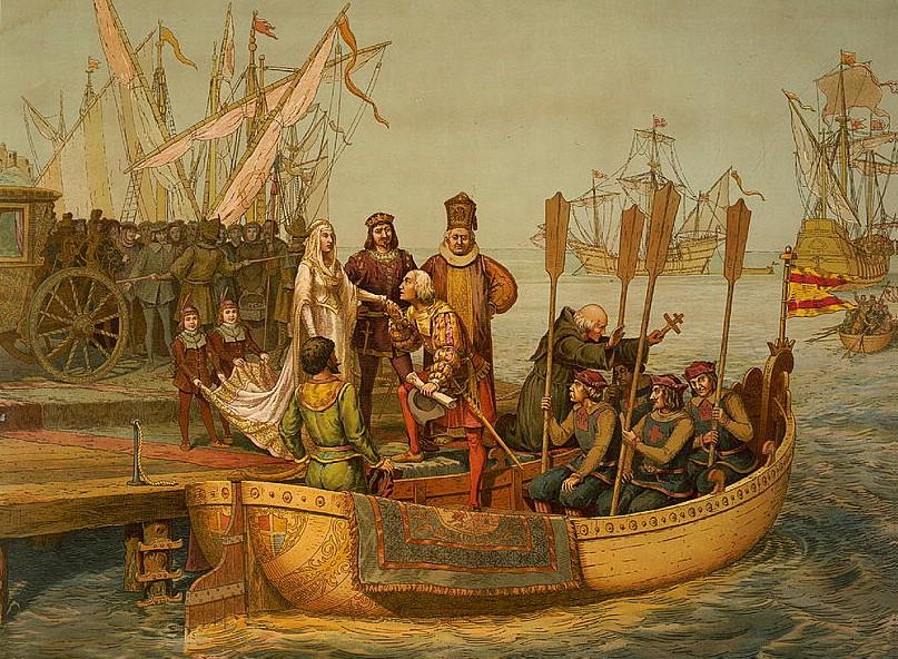  Denne gamle illustrasjonen av «avreisen til den nye verden» viser dronning Isabella og kong Ferdinand av Spania som tar farvel med Columbus 3. august 1492 i havnen i landsbyen Palos sørvest i Spania.