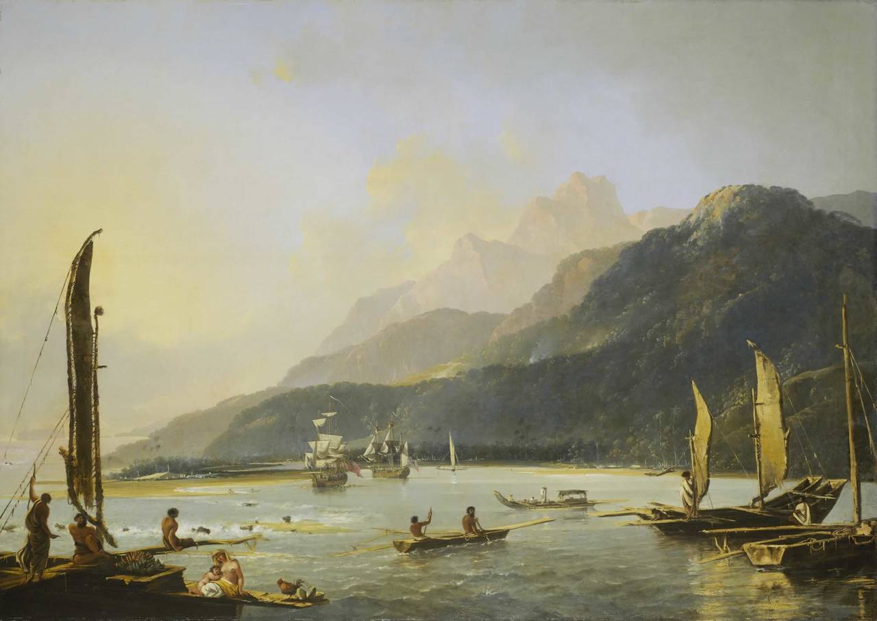 James Cooks båter på hans andre tur til Stillehavet, hvor han besøkte Påskeøya. Bildet er fra Tahiti. Maleri av William Hodges, 1776