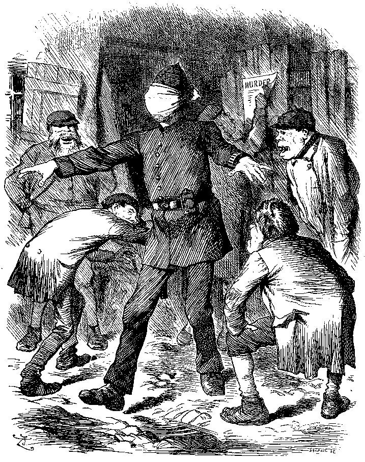  "Blind man's buff": En illustrasjon i bladet Punch, av John Tenniel (22 September 1888) som kritiserte politiets inkompetanse i å oppklare Whitechapel-mordene og avsløre Jack the Rippers identitet.