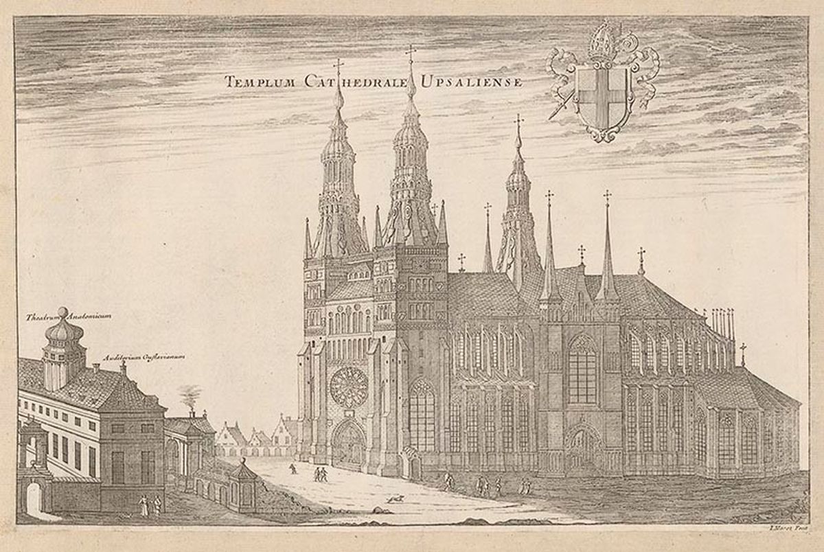 Uppsala domkirke - avbildet i Suecia antiqua et hodierna, ca. 1690