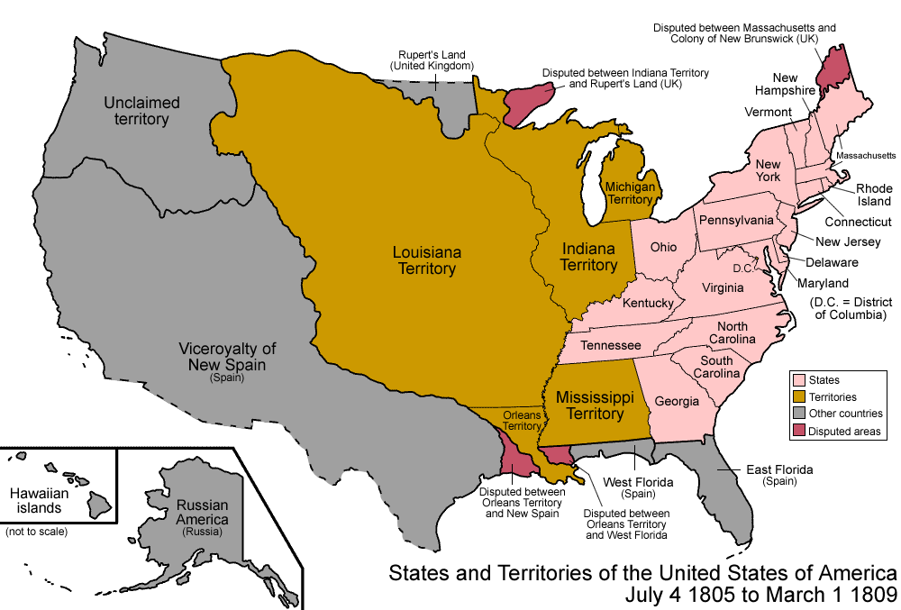 Det enorme Louisiana-territoriet som franskmennene solgte til amerikanerne for 15 mill dollar i 1803. By Made by User:Golbez. [GFDL (http://www.gnu.org/copyleft/fdl.html), CC-BY-SA-3.0 (http://creativecommons.org/licenses/by-sa/3.0/) or CC BY 2.5  (https://creativecommons.org/licenses/by/2.5)], from Wikimedia Commons