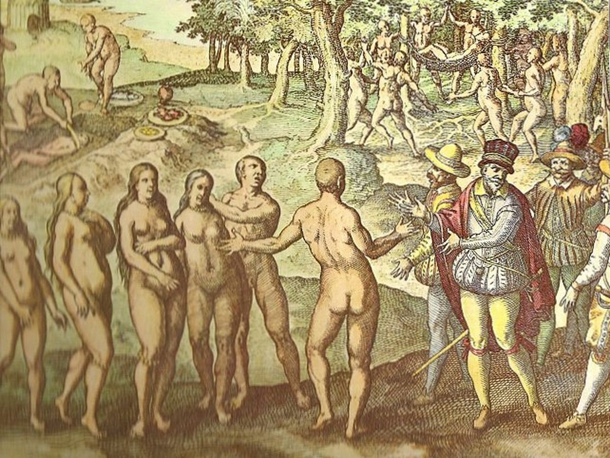 Vespuccis angivelig første møte med innfødte i Honduras, 1497 (De Bry -  illustrasjon, ca 1592)