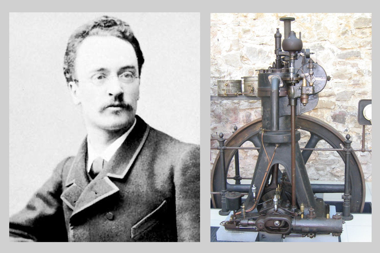 Rudolf Diesel, oppfinneren av dieselmotoren. Til høyre - en ensylindret dieselmotor.By Flominator (Own work) [GFDL (http://www.gnu.org/copyleft/fdl.html), CC-BY-SA-3.0 (http://creativecommons.org/licenses/by-sa/3.0/) or CC BY-SA 2.5-2.0-1.0 (https://creativecommons.org/licenses/by-sa/2.5-2.0-1.0)], via Wikimedia Commons