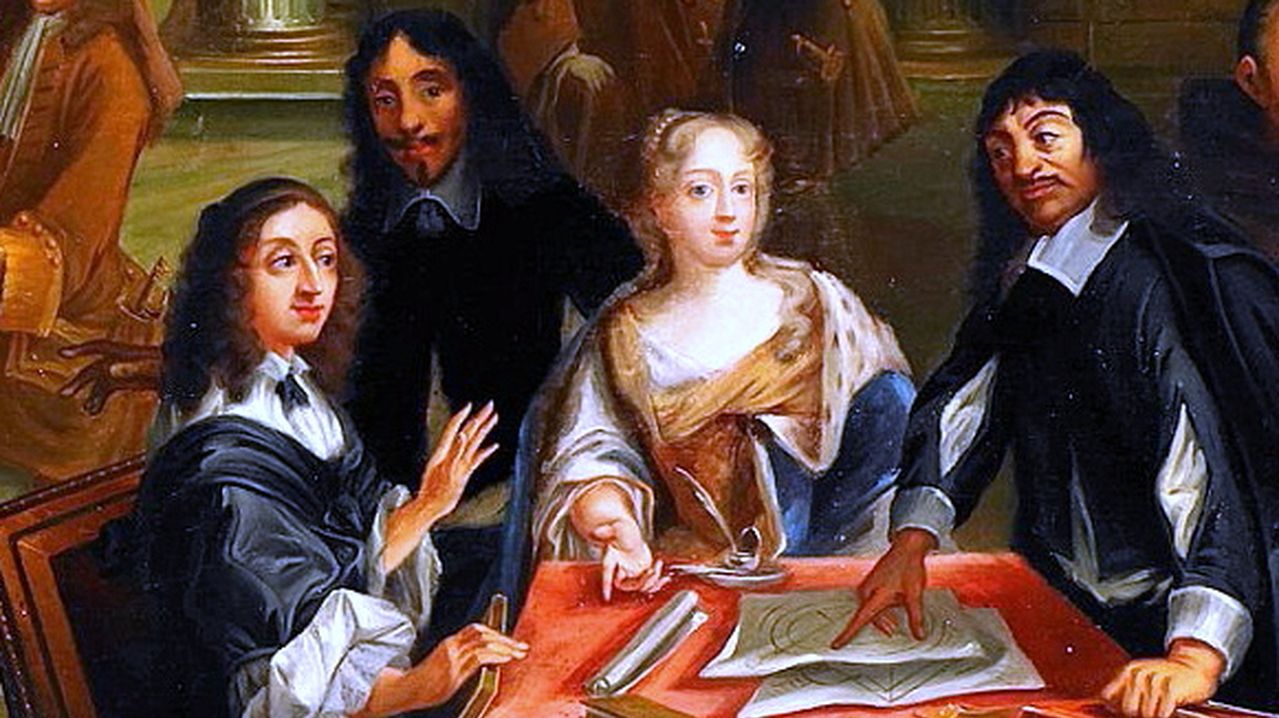 Descartes (til høyre) i samtale med dronning Christina av Sverige. Koilde: Wikipedia