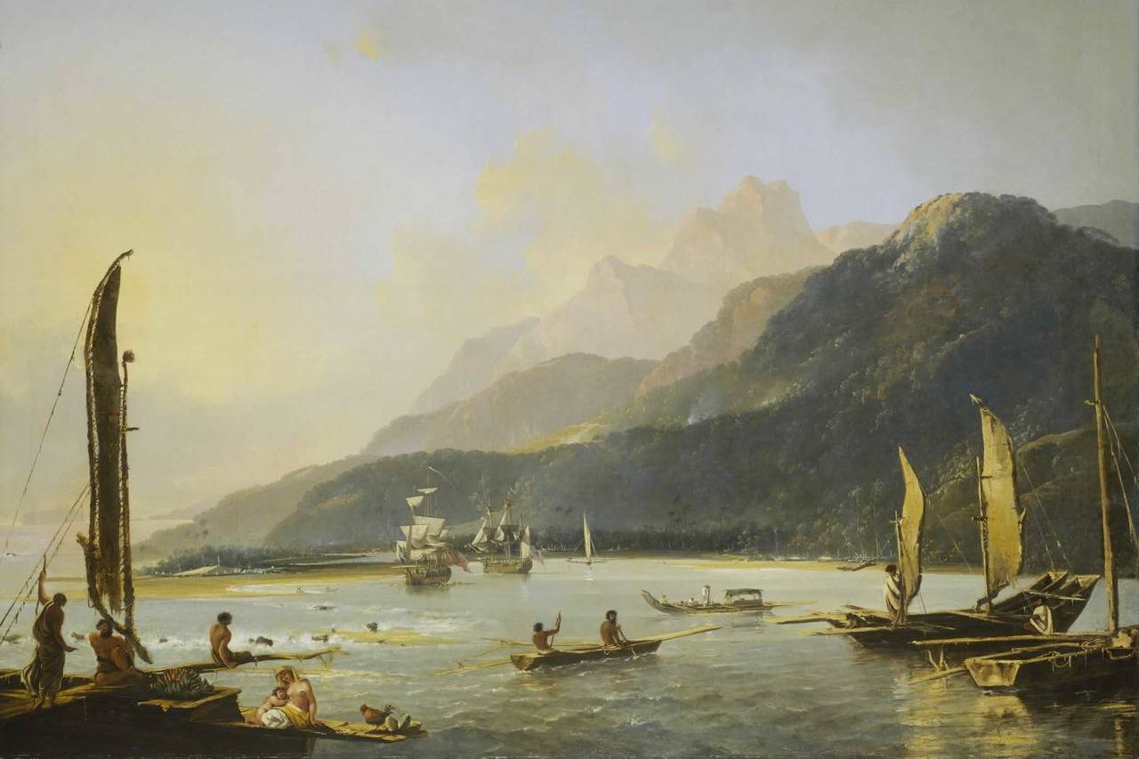 James Cooks båter på hans andre tur til Stillehavet, hvor han besøkte Påskeøya. Bildet er fra Tahiti. Maleri av William Hodges, 1776