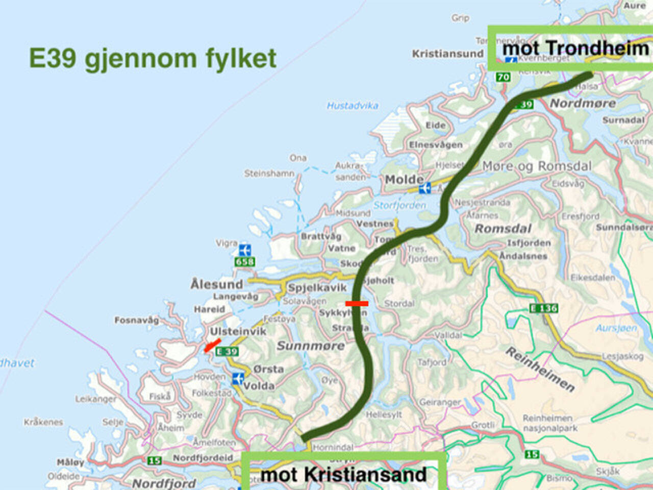 Illustrasjonen viser en trase som er 5–6 mil kortere enn Hafast + Møreaksen. De 2 røde strekene viser ca samme avstand fra Grodås.