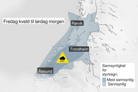 Meteorologisk institutt har blant annet sendt ut gult farevarsel for styrtregn i Trøndelag og Møre og Romsdal. Foto: yr.no