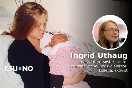 Innleggsforfatter Ingrid Uthaug med sin førstefødte i 1994 ved fødeavdelingen på Kristiansund Sykehus. Foto: Privat