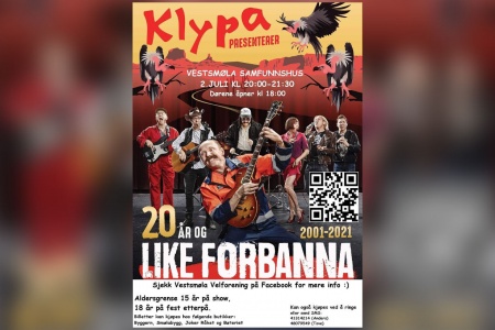 Arrangementsplakat: 20 år og like forbanna!, med Klypa på Smøla i helga, lørdag 2.juli 2022.