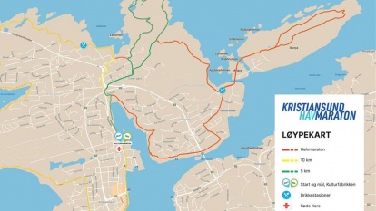 Kartet beskriver løypen som skal løpes under Kristiansund Havmaraton. Illustrasjon: Kristiansund kommune