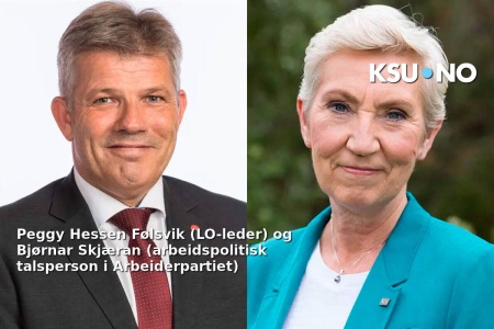 Bjørnar Skjæran, arbeidspolitisk talsperson i Arbeiderpartiet og Peggy Hessen Følsvik, LO-leder. Foto: Stortinget/LO