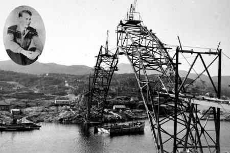 Fra byggingen av Omsundbrua i 1939. Per Hansø (lite bilde) klatret over bruspennet før brua var ferdig. Bilder: Nordmørsmusea / Freiøya Historielag