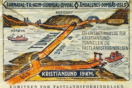 Reklameplakat for fastlandsforbindelsen fra 1950-tallet som viser undersjøisk tunnel fra Flatsetøya til Bergsøya og bruer videre til Aspøya og Gjemnes. Det skulle også å ferje fra Kvitnes til Kvernes. Foto: Innsendt av leser  / Brunsvika.net