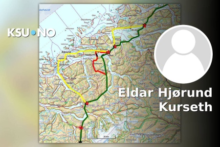 Gul – E39 Hafast +45km, Rød – Fv60 Storfjordsambandet +22km og Grøn – E39 Sunnmørsaksen Kortest. Illustrasjon: Eldar Hjørund Kurseth