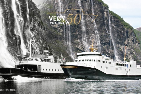 «Veøy» viderefører historien fra 1937 med «Geiranger» på Geirangerfjorden som historisk ferje på en historisk fjord. Bildemontasje: Terje Holm